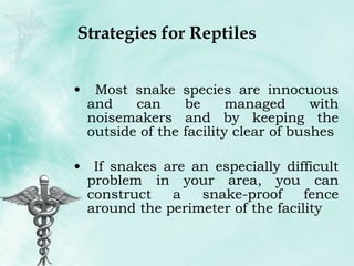 Strategies for Reptiles Most snake species are innocuous and can be managed with noisemakers and by keeping the outside of the facility clear of bushes If snakes are an especially difficult problem in your area, you can construct a snake-proof fence around the perimeter of the facility 