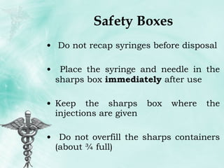 Safety Boxes Do not recap syringes before disposal Place the syringe and needle in the sharps box  immediately  after use Keep the sharps box where the injections are given Do not overfill the sharps containers (about ¾ full) 