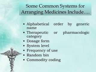 Some Common Systems for Arranging Medicines Include…. Alphabetical order by generic name  Therapeutic or pharmacologic category  Dosage form  System level Frequency of use Random bin Commodity coding 