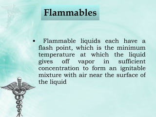 Flammables  Flammable liquids each have a flash point, which is the minimum temperature at which the liquid gives off vapor in sufficient concentration to form an ignitable mixture with air near the surface of the liquid  