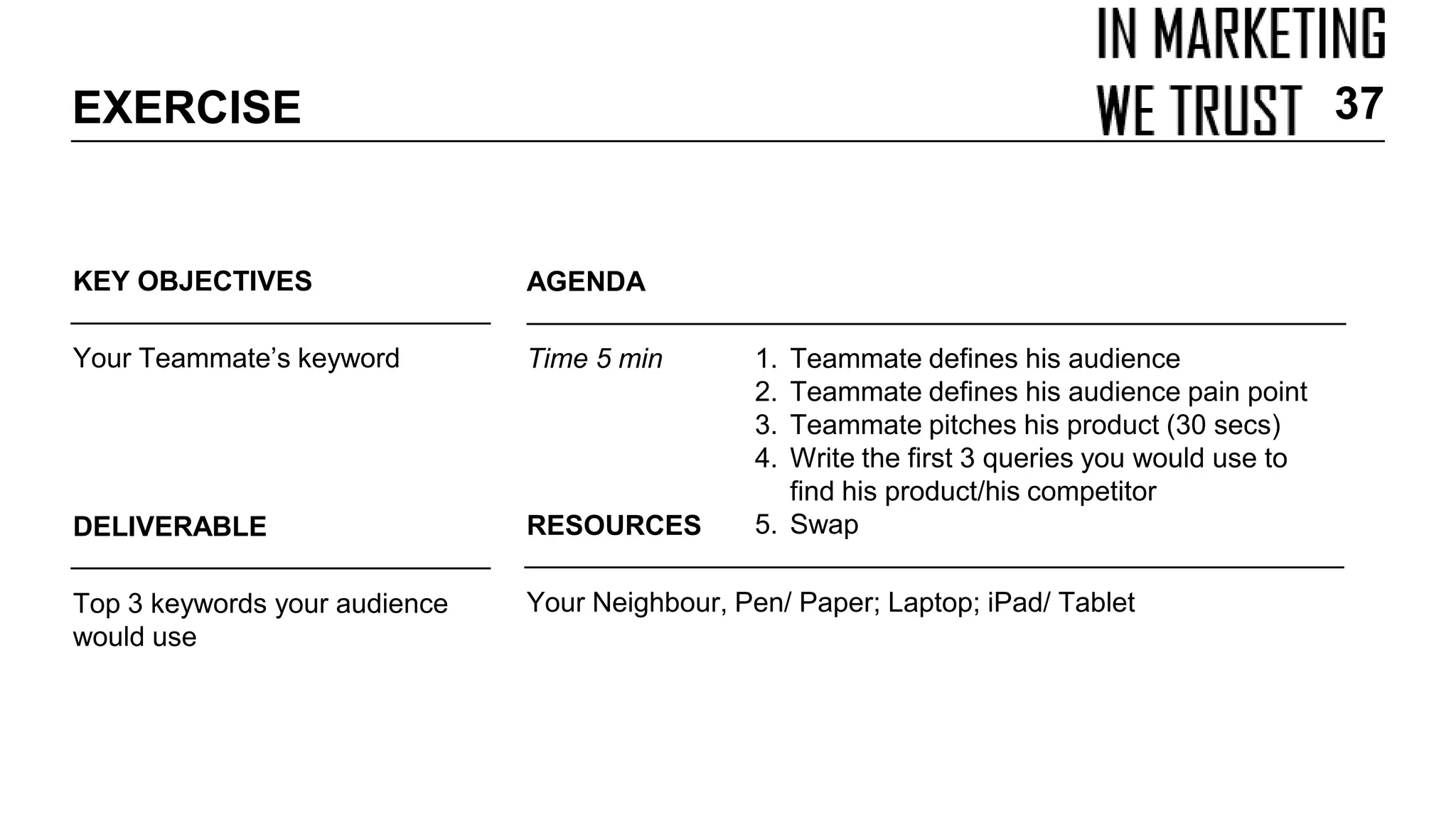 KEY OBJECTIVES
Your Teammate’s keyword
EXERCISE
AGENDA
Time 5 min 1. Teammate defines his audience
2. Teammate defines his audience pain point
3. Teammate pitches his product (30 secs)
4. Write the first 3 queries you would use to
find his product/his competitor
5. SwapDELIVERABLE
Top 3 keywords your audience
would use
RESOURCES
Your Neighbour, Pen/ Paper; Laptop; iPad/ Tablet
37
 