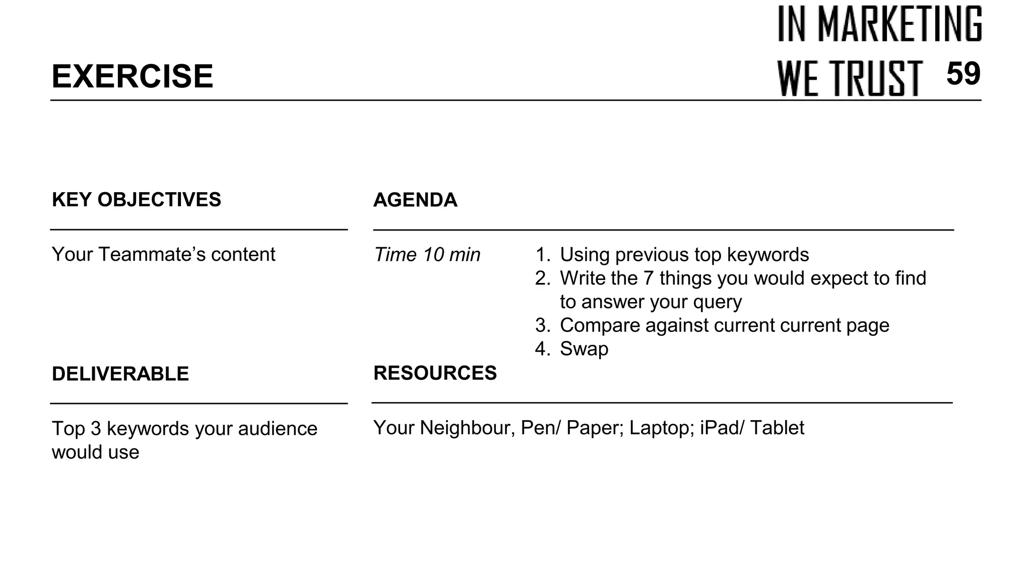 KEY OBJECTIVES
Your Teammate’s content
EXERCISE
AGENDA
Time 10 min 1. Using previous top keywords
2. Write the 7 things you would expect to find
to answer your query
3. Compare against current current page
4. Swap
DELIVERABLE
Top 3 keywords your audience
would use
RESOURCES
Your Neighbour, Pen/ Paper; Laptop; iPad/ Tablet
59
 