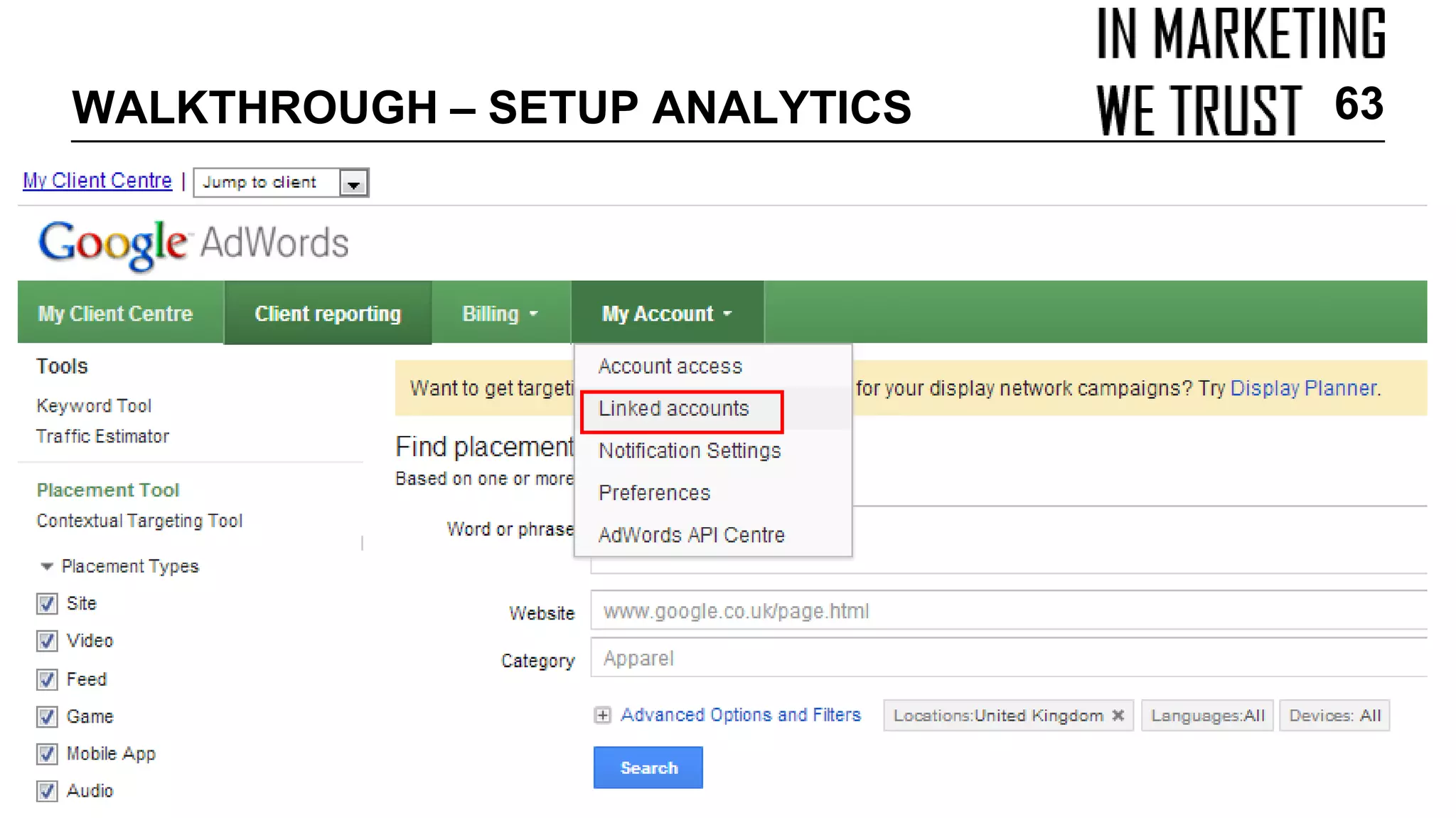 WALKTHROUGH – SETUP ANALYTICS 63
 