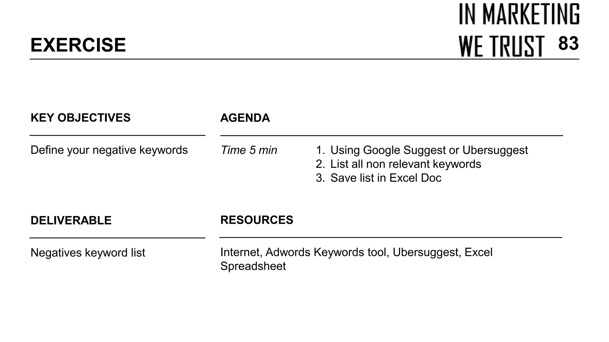 KEY OBJECTIVES
Define your negative keywords
EXERCISE
AGENDA
Time 5 min 1. Using Google Suggest or Ubersuggest
2. List all non relevant keywords
3. Save list in Excel Doc
DELIVERABLE
Negatives keyword list
RESOURCES
Internet, Adwords Keywords tool, Ubersuggest, Excel
Spreadsheet
83
 