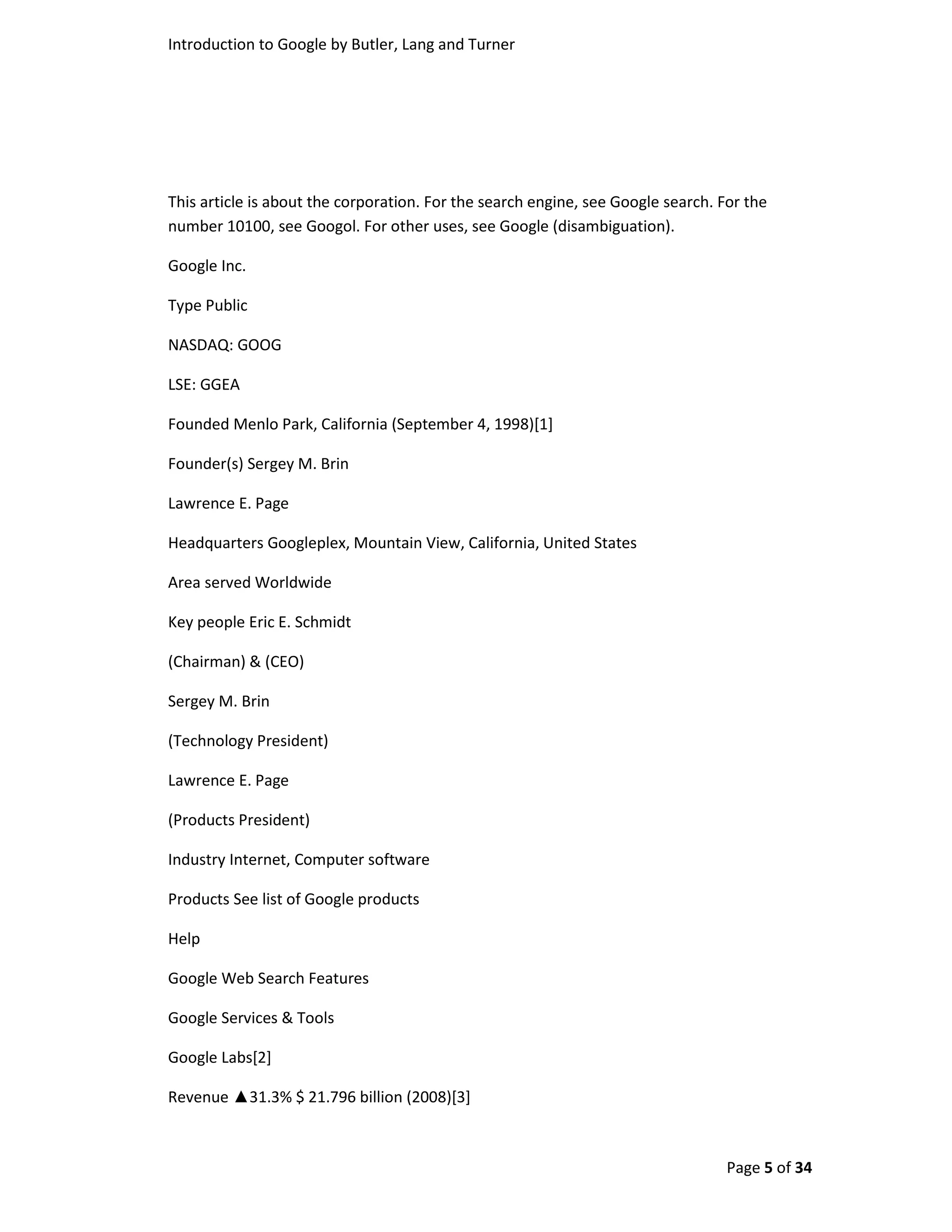 Introduction To Google By Butler, Turner And Lang Without Coverpage