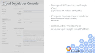 Google Cloud Platform
> Manage all API services on Google
Cloud  
(e.g. Translation API, Prediction API, Maps API...)
> Compose equivalent commands for: 
Command-line tools (Google Cloud SDK) 
RESTful API
> Dashboard for monitoring all
resources on Google Cloud Platform
Cloud Developer Console
 
