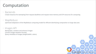 Google Cloud Platform
> You should care
+ Application code
+ Automated Scaling
> You should not care
+ Server management (networking, cores, memory, disks...)
+ Bootstrapping
+ Deployment
Platform-as-a-Service
 