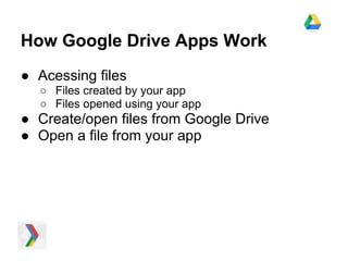 How Google Drive Apps Work
● Acessing files
  ○ Files created by your app
  ○ Files opened using your app
● Create/open files from Google Drive
● Open a file from your app
 