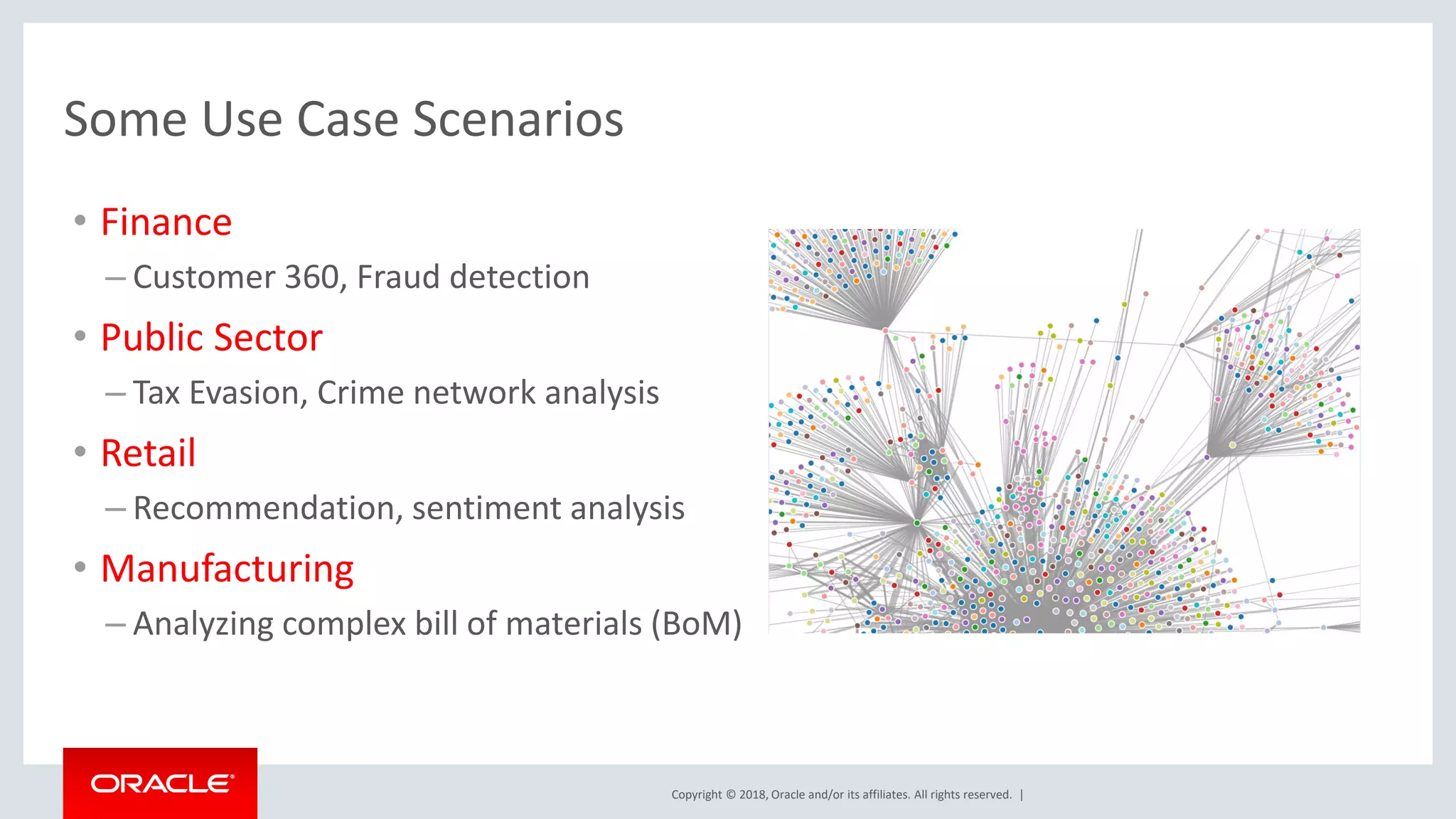 Copyright © 2018, Oracle and/or its affiliates. All rights reserved. | Some Use Case Scenarios • Finance – Customer 360, Fraud detection • Public Sector – Tax Evasion, Crime network analysis • Retail – Recommendation, sentiment analysis • Manufacturing – Analyzing complex bill of materials (BoM) 