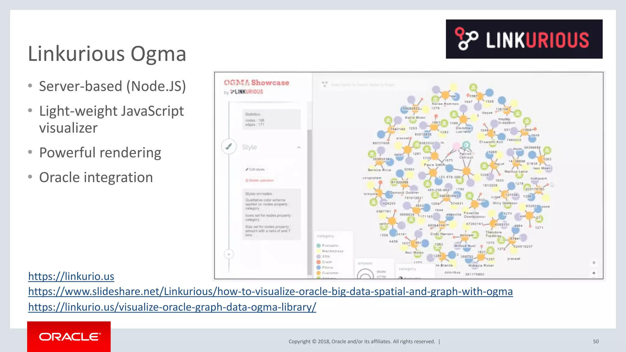 Copyright © 2018, Oracle and/or its affiliates. All rights reserved. | Linkurious Ogma • Server-based (Node.JS) • Light-weight JavaScript visualizer • Powerful rendering • Oracle integration 50 https://www.slideshare.net/Linkurious/how-to-visualize-oracle-big-data-spatial-and-graph-with-ogma https://linkurio.us/visualize-oracle-graph-data-ogma-library/ https://linkurio.us 