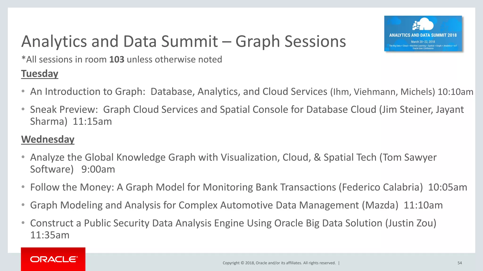 Copyright © 2018, Oracle and/or its affiliates. All rights reserved. | Analytics and Data Summit – Graph Sessions Tuesday • An Introduction to Graph: Database, Analytics, and Cloud Services (Ihm, Viehmann, Michels) 10:10am • Sneak Preview: Graph Cloud Services and Spatial Console for Database Cloud (Jim Steiner, Jayant Sharma) 11:15am Wednesday • Analyze the Global Knowledge Graph with Visualization, Cloud, & Spatial Tech (Tom Sawyer Software) 9:00am • Follow the Money: A Graph Model for Monitoring Bank Transactions (Federico Calabria) 10:05am • Graph Modeling and Analysis for Complex Automotive Data Management (Mazda) 11:10am • Construct a Public Security Data Analysis Engine Using Oracle Big Data Solution (Justin Zou) 11:35am 54 *All sessions in room 103 unless otherwise noted 