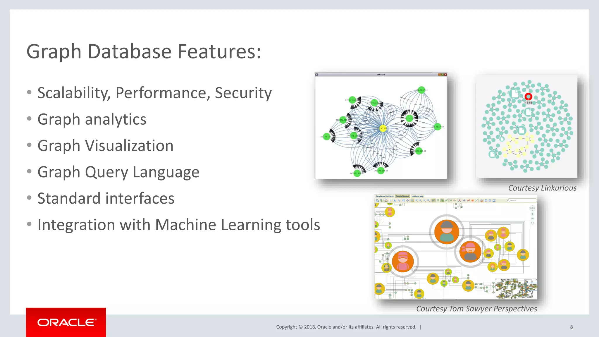 Copyright © 2018, Oracle and/or its affiliates. All rights reserved. | Graph Database Features: • Scalability, Performance, Security • Graph analytics • Graph Visualization • Graph Query Language • Standard interfaces • Integration with Machine Learning tools 8 Courtesy Tom Sawyer Perspectives Courtesy Linkurious 