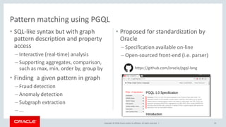 Copyright © 2018, Oracle and/or its affiliates. All rights reserved. |
• SQL-like syntax but with graph
pattern description and property
access
– Interactive (real-time) analysis
– Supporting aggregates, comparison,
such as max, min, order by, group by
• Finding a given pattern in graph
– Fraud detection
– Anomaly detection
– Subgraph extraction
– ...
• Proposed for standardization by
Oracle
– Specification available on-line
– Open-sourced front-end (i.e. parser)
Pattern matching using PGQL
https://github.com/oracle/pgql-lang
33
 