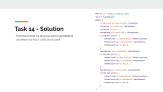 And now extend the previous query again to ﬁnd
out where our track could be on day 4.
Task 14 - Solution
 