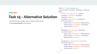 Instead of using a ﬁlter, we can also use the name
of ex:warehouse2 in the query.
Task 15 - Alternative Solution
 