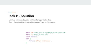 Task 2 - Solution
Let’s ﬁnd out more about the entities of one particular class.
Query the dataset to retrieve all instances of class ex:Warehouse.
 