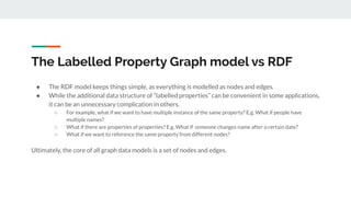 The Labelled Property Graph model vs RDF
● The RDF model keeps things simple, as everything is modelled as nodes and edges...