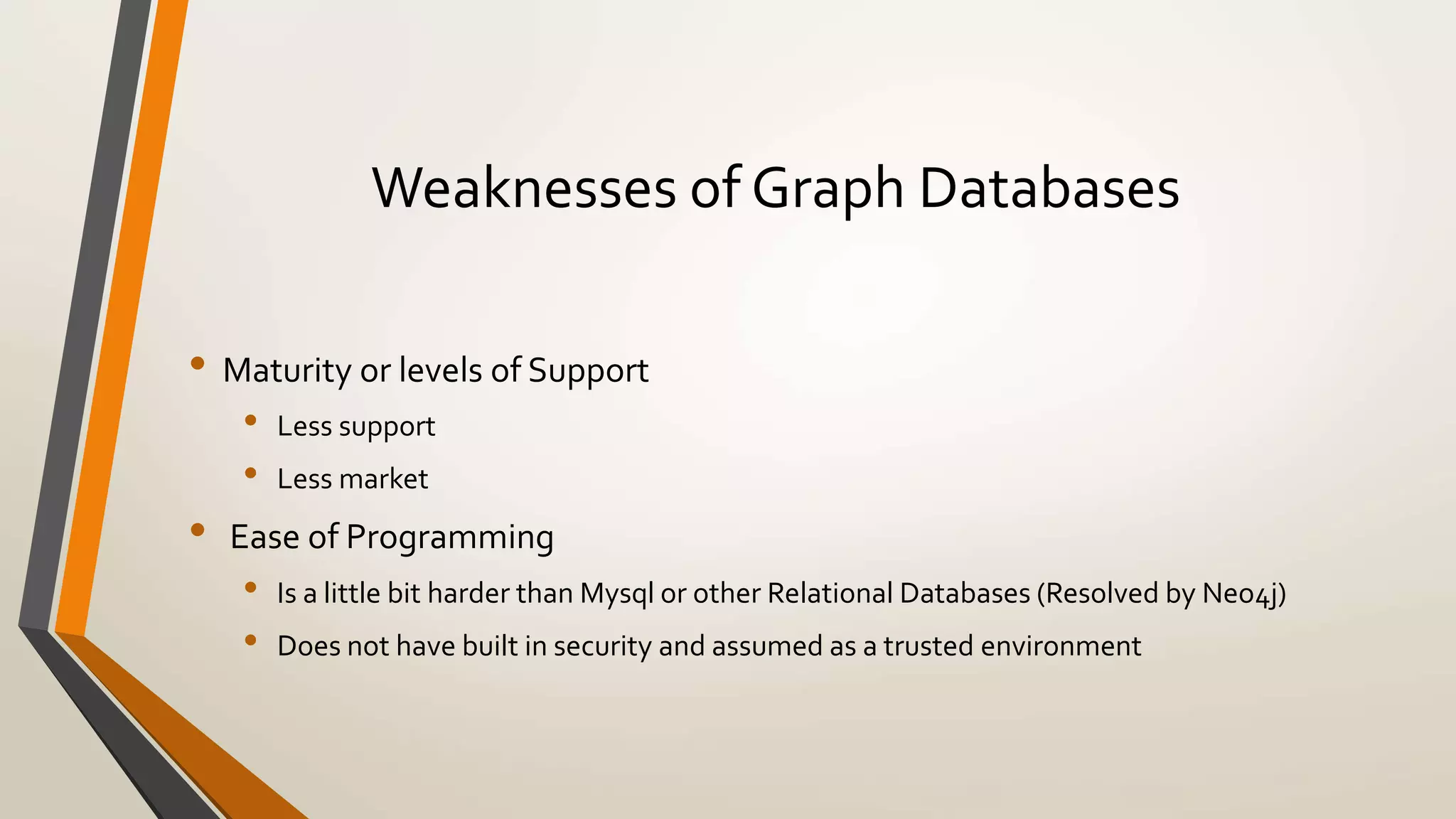 Weaknesses of Graph Databases 
• Maturity or levels of Support 
• Less support 
• Less market 
• Ease of Programming 
• Is a little bit harder than Mysql or other Relational Databases (Resolved by Neo4j) 
• Does not have built in security and assumed as a trusted environment 
 