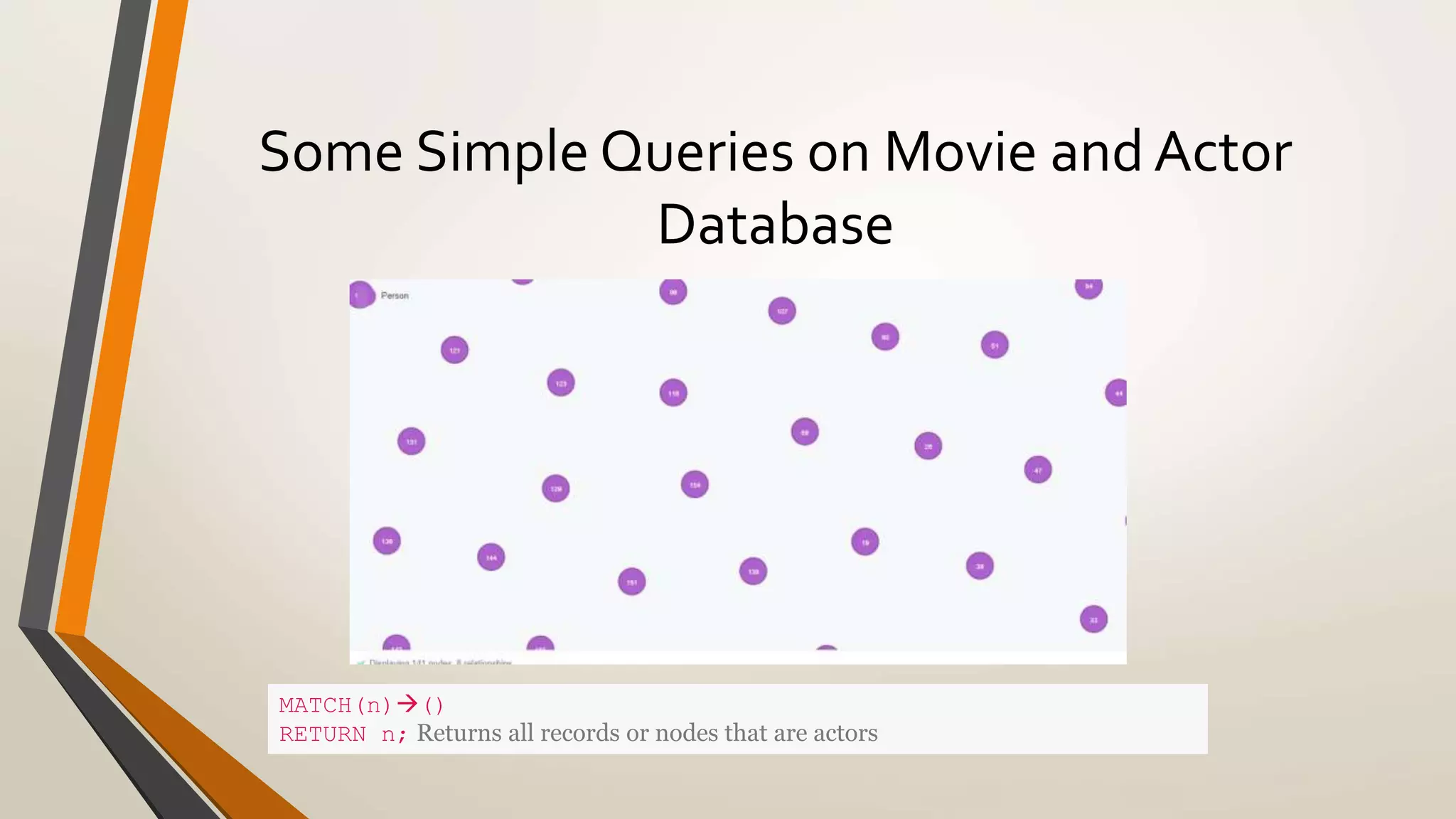 Some Simple Queries on Movie and Actor 
Database 
MATCH(n)() 
RETURN n; Returns all records or nodes that are actors 
 