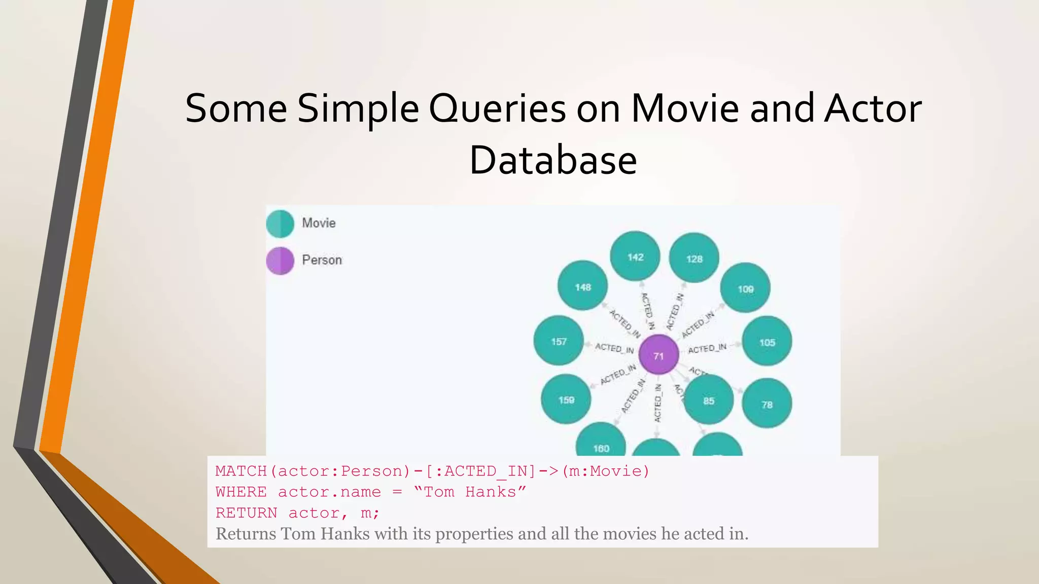 Some Simple Queries on Movie and Actor 
Database 
MATCH(actor:Person)-[:ACTED_IN]->(m:Movie) 
WHERE actor.name = “Tom Hanks” 
RETURN actor, m; 
Returns Tom Hanks with its properties and all the movies he acted in. 
 