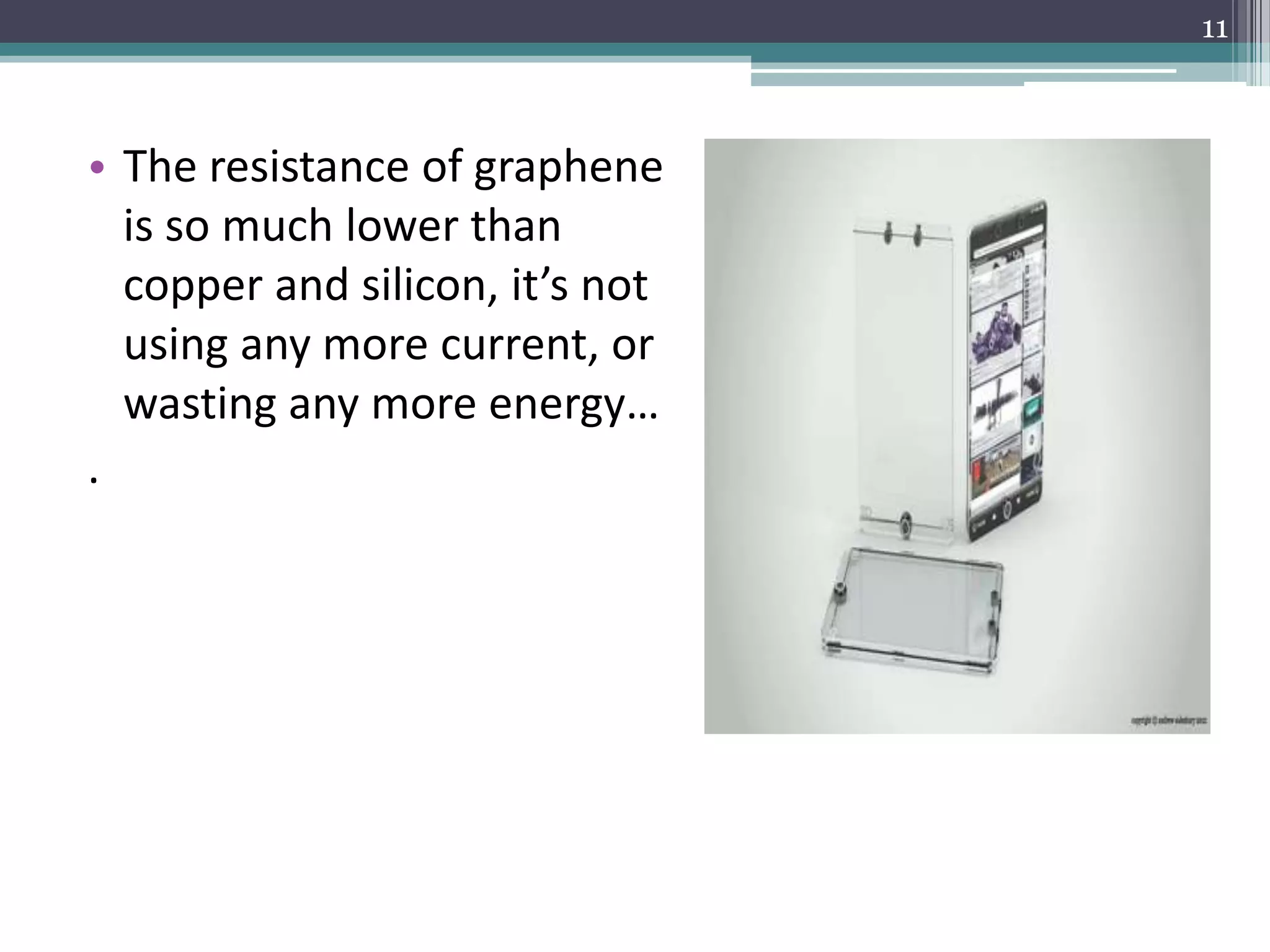 11



• The resistance of graphene
  is so much lower than
  copper and silicon, it’s not
  using any more current, or
  wasting any more energy…
.
 