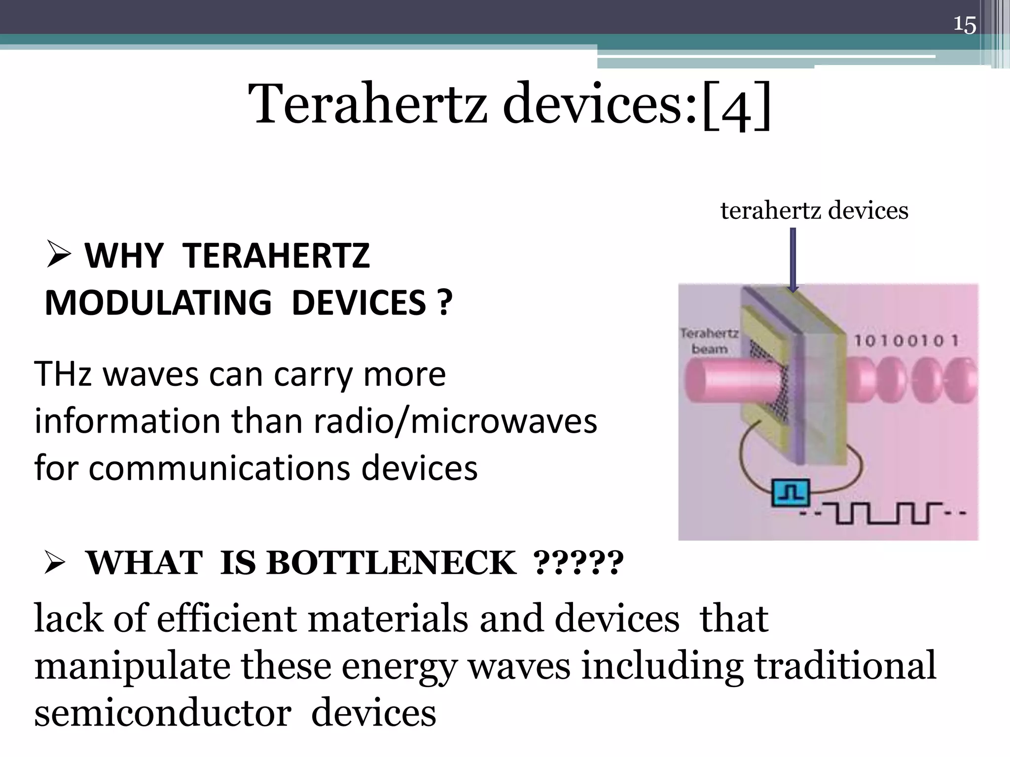 15


            Terahertz devices:[4]
                                      terahertz devices
 WHY TERAHERTZ
MODULATING DEVICES ?
THz waves can carry more
information than radio/microwaves
for communications devices

 WHAT IS BOTTLENECK ?????
lack of efficient materials and devices that
manipulate these energy waves including traditional
semiconductor devices
 