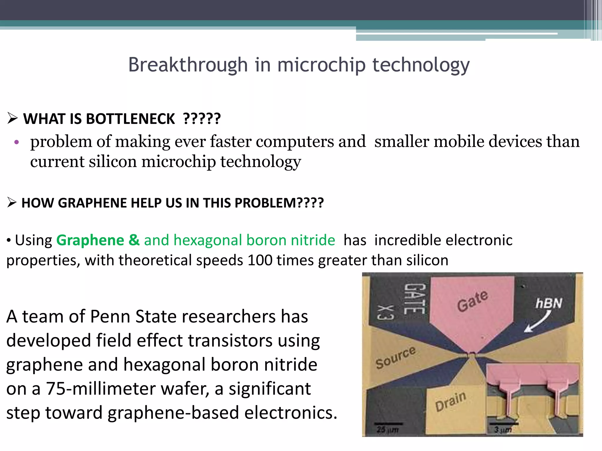 Breakthrough in microchip technology

 WHAT IS BOTTLENECK ?????
 • problem of making ever faster computers and smaller mobile devices than
   current silicon microchip technology

 HOW GRAPHENE HELP US IN THIS PROBLEM????

• Using Graphene & and hexagonal boron nitride has incredible electronic
properties, with theoretical speeds 100 times greater than silicon


A team of Penn State researchers has
developed field effect transistors using
graphene and hexagonal boron nitride
on a 75-millimeter wafer, a significant
step toward graphene-based electronics.
 