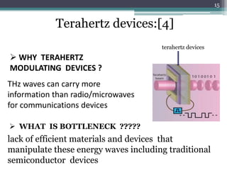 15


            Terahertz devices:[4]
                                      terahertz devices
 WHY TERAHERTZ
MODULATING DEVICES ?
THz waves can carry more
information than radio/microwaves
for communications devices

 WHAT IS BOTTLENECK ?????
lack of efficient materials and devices that
manipulate these energy waves including traditional
semiconductor devices
 