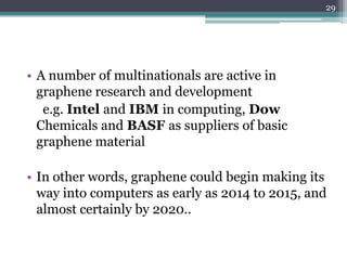 29




• A number of multinationals are active in
  graphene research and development
   e.g. Intel and IBM in computing, Dow
  Chemicals and BASF as suppliers of basic
  graphene material

• In other words, graphene could begin making its
  way into computers as early as 2014 to 2015, and
  almost certainly by 2020..
 
