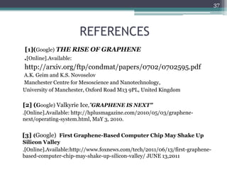 37




                      REFERENCES
[1](Google) THE RISE OF GRAPHENE
.[Online].Available:
http://arxiv.org/ftp/condmat/papers/0702/0702595.pdf
A.K. Geim and K.S. Novoselov
Manchester Centre for Mesoscience and Nanotechnology,
University of Manchester, Oxford Road M13 9PL, United Kingdom

[2] (Google) Valkyrie Ice,”GRAPHENE IS NEXT”
.[Online].Available: http://hplusmagazine.com/2010/05/03/graphene-
next/operating-system.html, MaY 3, 2010.


[3] (Google) First Graphene-Based Computer Chip May Shake Up
Silicon Valley
.[Online].Available:http://www.foxnews.com/tech/2011/06/13/first-graphene-
based-computer-chip-may-shake-up-silicon-valley/ JUNE 13,2011
 