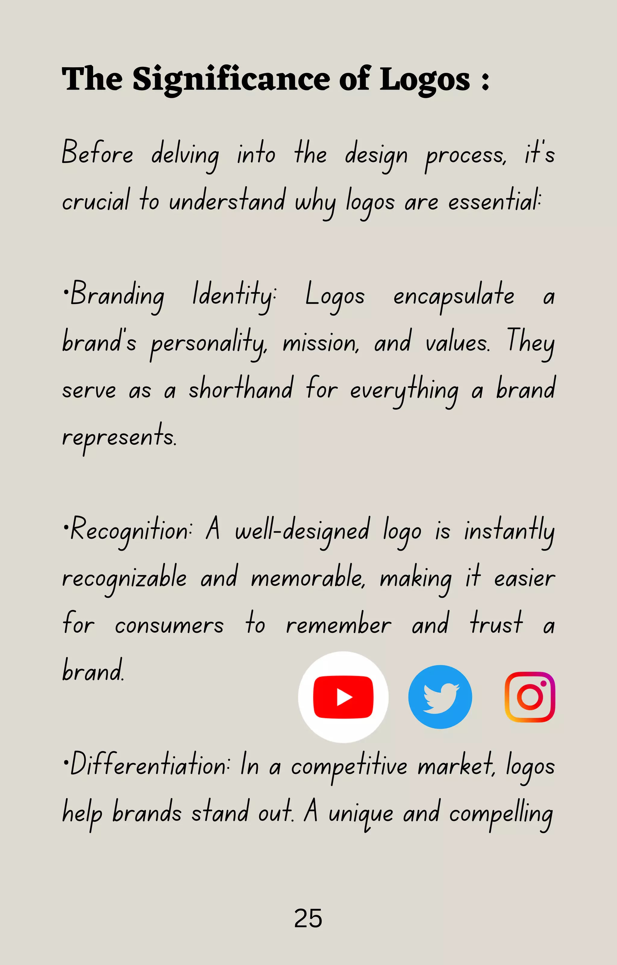 Before delving into the design process, it's
crucial to understand why logos are essential:
·Branding Identity: Logos encapsulate a
brand's personality, mission, and values. They
serve as a shorthand for everything a brand
represents.
·Recognition: A well-designed logo is instantly
recognizable and memorable, making it easier
for consumers to remember and trust a
brand.
·Differentiation: In a competitive market, logos
help brands stand out. A unique and compelling
The Significance of Logos :
25
 
