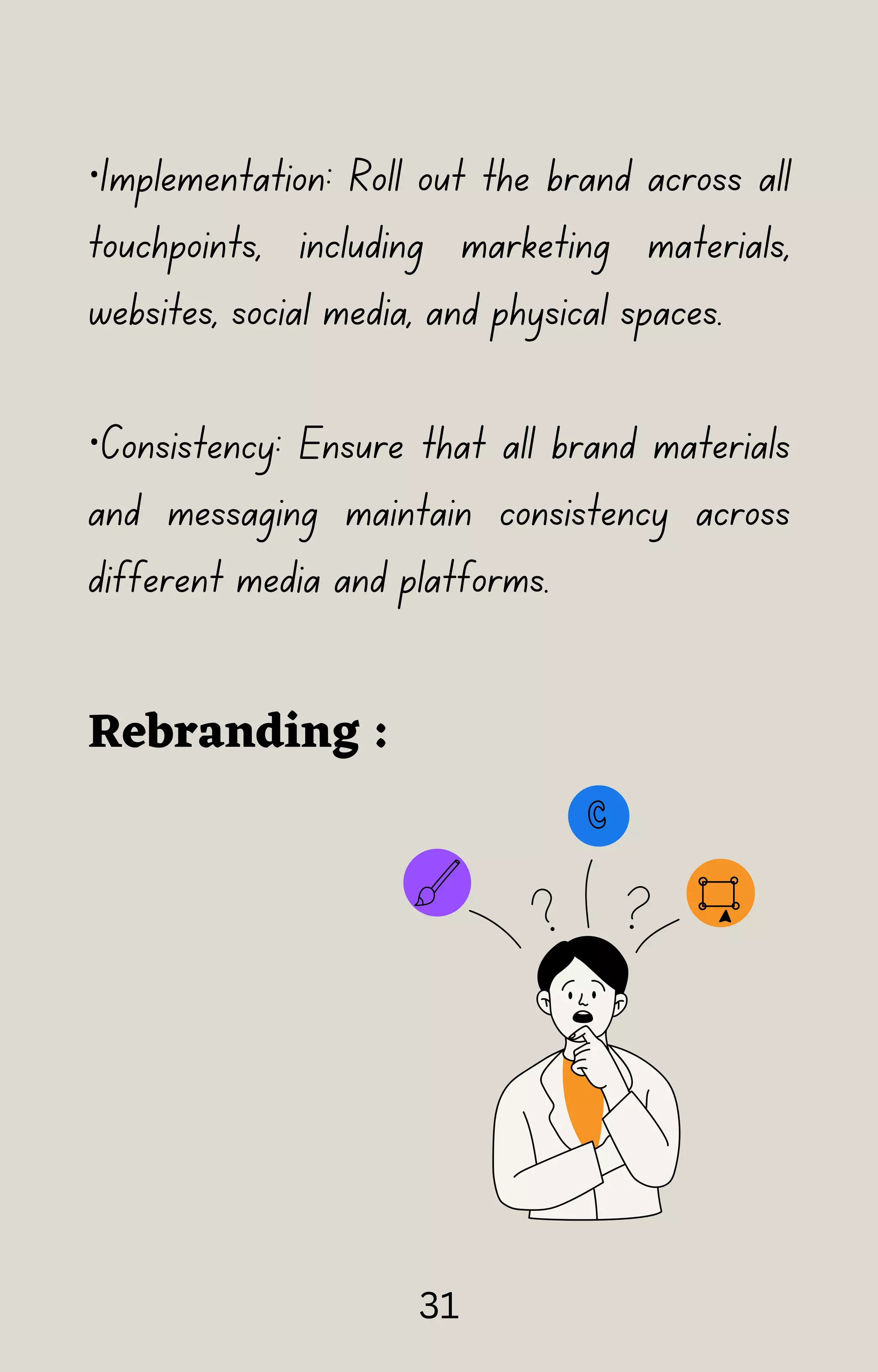 ·Implementation: Roll out the brand across all
touchpoints, including marketing materials,
websites, social media, and physical spaces.
·Consistency: Ensure that all brand materials
and messaging maintain consistency across
different media and platforms.
Rebranding :
31
 