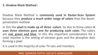 MRS. SOWMYA JYOTHI, FACULTY, MANGALORE 43
2. Shadow Mask Method :
Shadow Mask Method is commonly used in Raster-Scan System
because they produce a much wider range of colors than the beam-
penetration method.
In this the pixel is made up of three -colors. So due to three colors it
uses three electron guns one for producing each color. The colors
are red, green and blue. In this the important consideration for a
color monitor is the setting of electron guns and the phosphor dots
forming a pixel.
It is used in the majority of color TV sets and monitors.
 