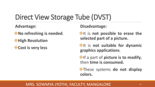 Direct View Storage Tube (DVST)
Advantage:
No refreshing is needed.
High Resolution
Cost is very less
Disadvantage:
It is not possible to erase the
selected part of a picture.
It is not suitable for dynamic
graphics applications.
If a part of picture is to modify,
then time is consumed.
These systems do not display
colors.
MRS. SOWMYA JYOTHI, FACULTY, MANGALORE 47
 