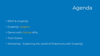 > REST & GraphQL
> GraphQL Jargons
> Demo with GitHub APIs
> Tool Chains
> Workshop - Exploring the world of Pokemons with GraphQL
Agenda
 