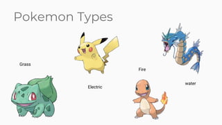 Pokemon Types
Grass
Electric
Fire
water
 