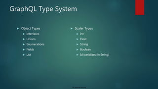 For internal use only
GraphQL Type System
 Object Types
 Interfaces
 Unions
 Enumerations
 Fields
 List
 Scaler Types
 Int
 Float
 String
 Boolean
 Id (serialized in String)
 