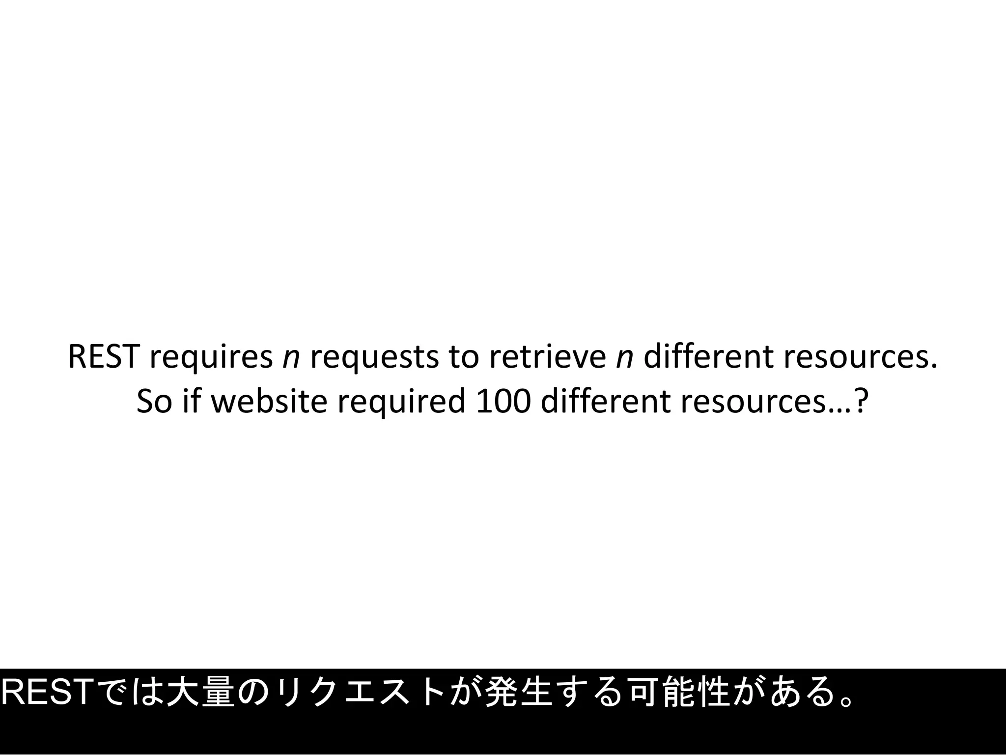 REST requires n requests to retrieve n different resources.
So if website required 100 different resources…?
RESTでは大量のリクエストが発生する可能性がある。
 
