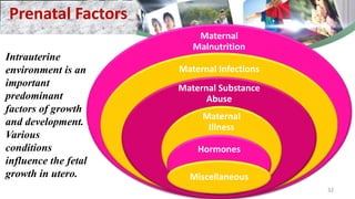 Prenatal Factors
Intrauterine
environment is an
important
predominant
factors of growth
and development.
Various
conditions
influence the fetal
growth in utero.
Maternal
Malnutrition
Maternal Infections
Maternal Substance
Abuse
Maternal
Illness
Hormones
Miscellaneous
32
 