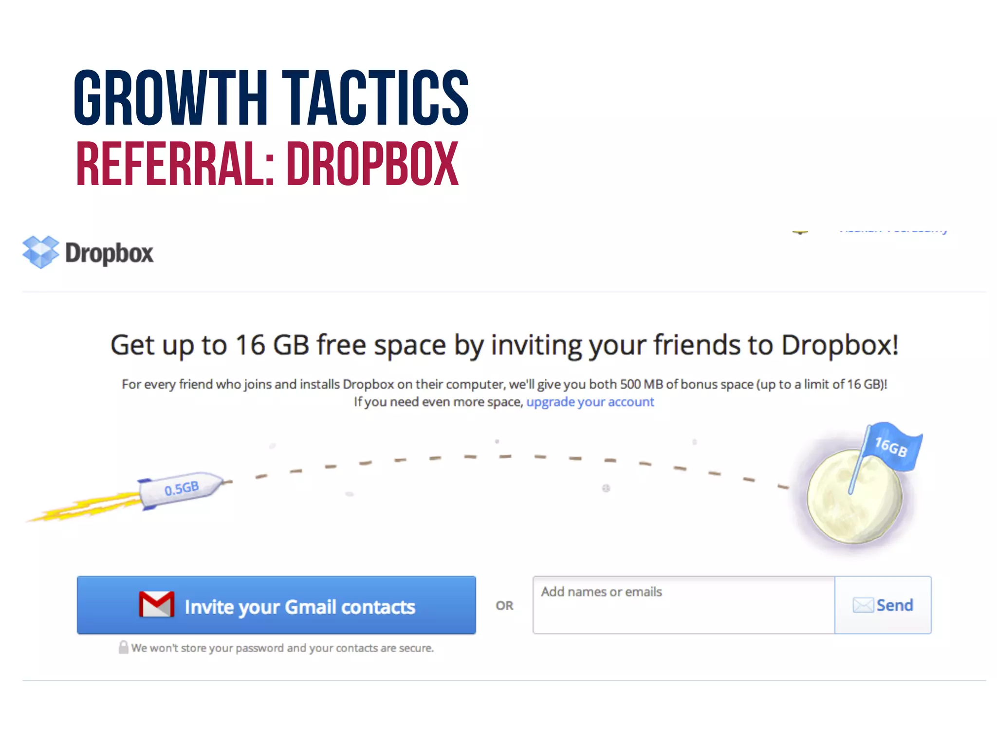 Growth tactics
referral: dropbox
 