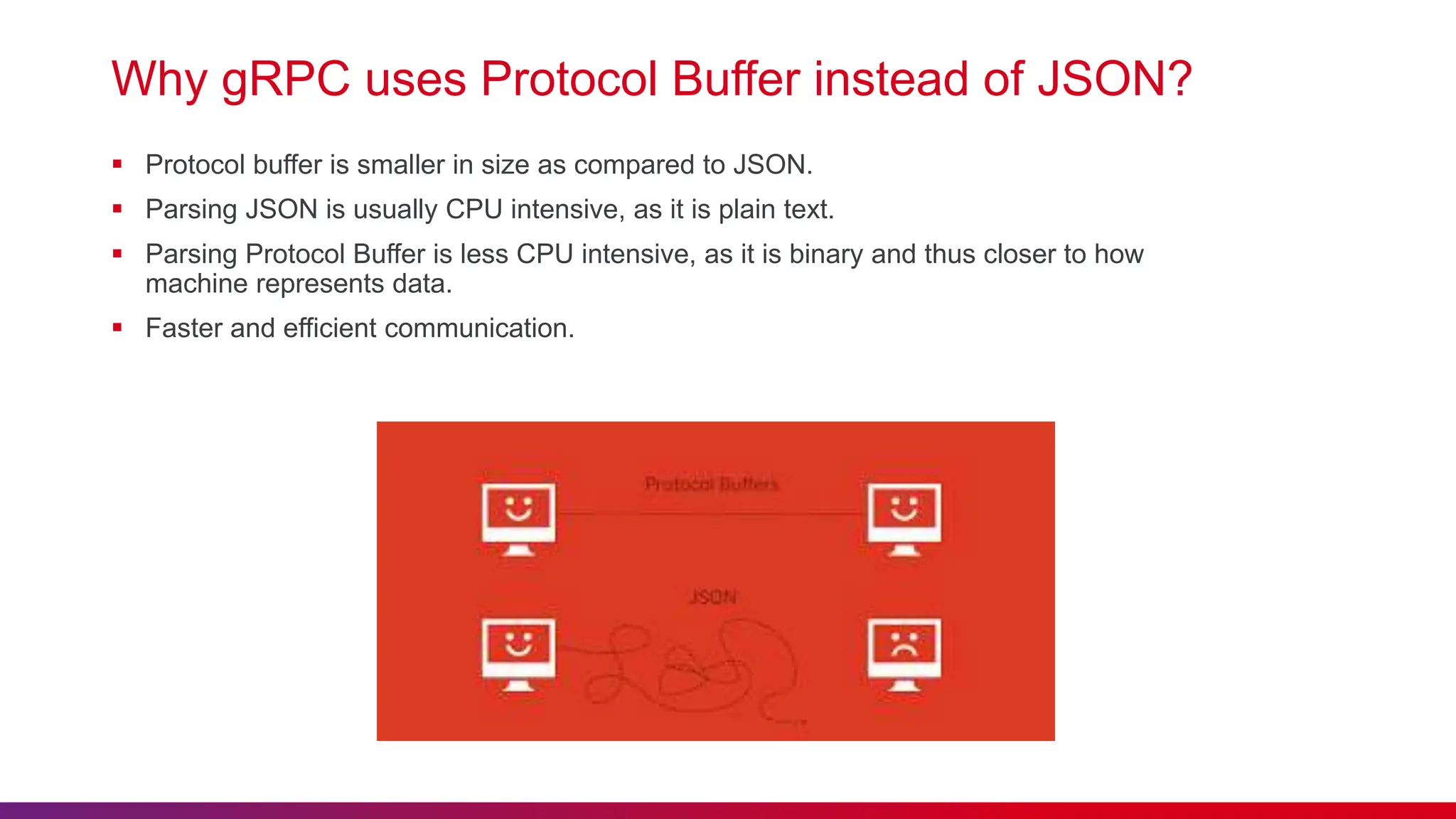 Why gRPC uses Protocol Buffer instead of JSON?
 Protocol buffer is smaller in size as compared to JSON.
 Parsing JSON is usually CPU intensive, as it is plain text.
 Parsing Protocol Buffer is less CPU intensive, as it is binary and thus closer to how
machine represents data.
 Faster and efficient communication.
 