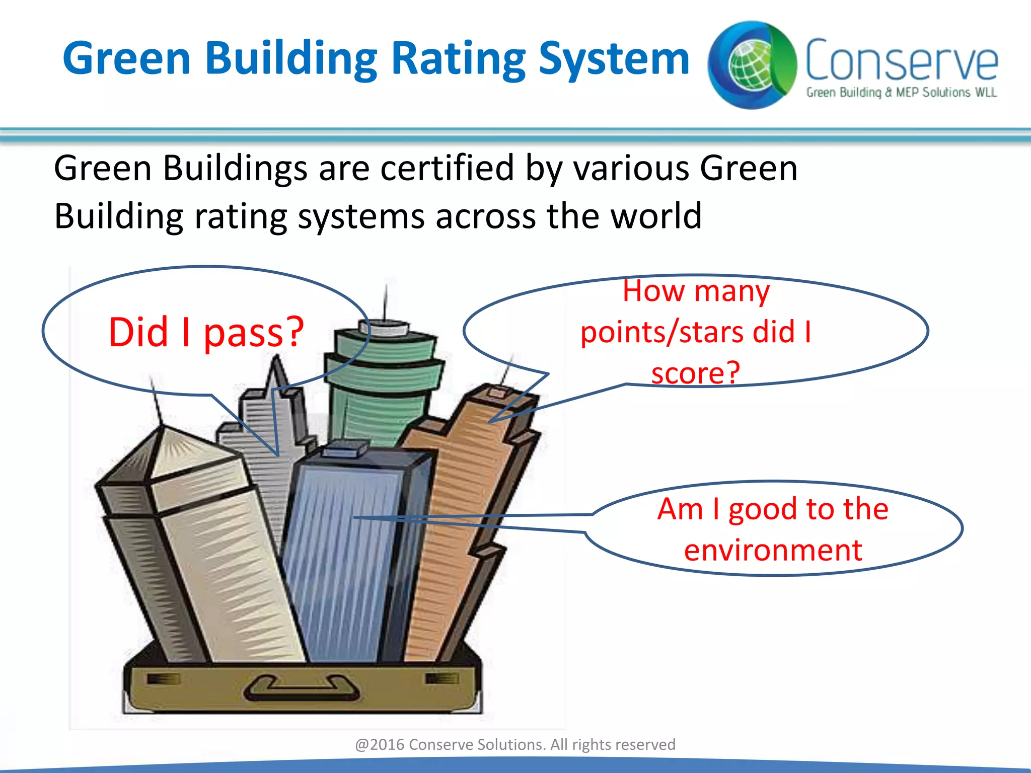 @2016 Conserve Solutions. All rights reserved
How many
points/stars did I
score?
Did I pass?
Green Building Rating System
Am I good to the
environment
Green Buildings are certified by various Green
Building rating systems across the world
 