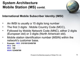 System Architecture
Mobile Station (MS) contd.
International Mobile Subscriber Identity (IMSI)
•
•
•
•
•

An IMSI is usually a 15 digits long number
The first 3 digits : Mobile Country Code (MCC),
Followed by Mobile Network Code (MNC), either 2 digits
(European std) or 3 digits (North American std).
Mobile station identification number (MSIN) within the
network's customer base.
Example : IMSI: 310150123456789
MCC 310 USA
MNC 150 AT&T
MSIN 123456789
Private & Confidential property of Shilpin Pvt. Ltd.

10

 
