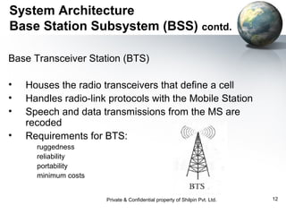 System Architecture
Base Station Subsystem (BSS) contd.
Base Transceiver Station (BTS)
•
•
•
•

Houses the radio transceivers that define a cell
Handles radio-link protocols with the Mobile Station
Speech and data transmissions from the MS are
recoded
Requirements for BTS:
ruggedness
reliability
portability
minimum costs
Private & Confidential property of Shilpin Pvt. Ltd.

12

 