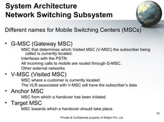 System Architecture
Network Switching Subsystem
Different names for Mobile Switching Centers (MSCs)
• G-MSC (Gateway MSC)
MSC that determines which Visited MSC (V-MSC) the subscriber being
called is currently located.
Interfaces with the PSTN.
All incoming calls to mobile are routed through G-MSC.
Other external networks

• V-MSC (Visited MSC)
MSC where a customer is currently located.
The VLR associated with V-MSC will have the subscriber’s data

• Anchor MSC
MSC from which a handover has been initated.

• Target MSC
MSC towards which a handover should take place.
18
Private & Confidential property of Shilpin Pvt. Ltd.

 