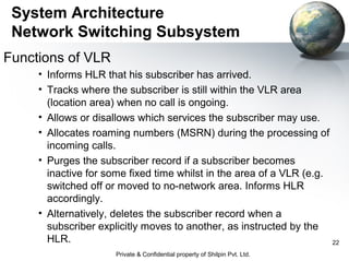 System Architecture
Network Switching Subsystem
Functions of VLR
• Informs HLR that his subscriber has arrived.
• Tracks where the subscriber is still within the VLR area
(location area) when no call is ongoing.
• Allows or disallows which services the subscriber may use.
• Allocates roaming numbers (MSRN) during the processing of
incoming calls.
• Purges the subscriber record if a subscriber becomes
inactive for some fixed time whilst in the area of a VLR (e.g.
switched off or moved to no-network area. Informs HLR
accordingly.
• Alternatively, deletes the subscriber record when a
subscriber explicitly moves to another, as instructed by the
HLR.
22
Private & Confidential property of Shilpin Pvt. Ltd.

 