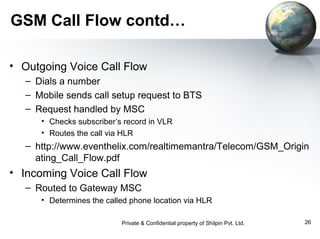 GSM Call Flow contd…
• Outgoing Voice Call Flow
– Dials a number
– Mobile sends call setup request to BTS
– Request handled by MSC
• Checks subscriber’s record in VLR
• Routes the call via HLR

– http://www.eventhelix.com/realtimemantra/Telecom/GSM_Origin
ating_Call_Flow.pdf

• Incoming Voice Call Flow
– Routed to Gateway MSC
• Determines the called phone location via HLR
Private & Confidential property of Shilpin Pvt. Ltd.

26

 