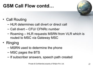 GSM Call Flow contd…
• Call Routing
– HLR determines call divert or direct call
– Call divert – CFU/ CFNRc number
– Roaming – HLR requests MSRN from VLR which is
routed to MSC via Gateway MSC

• Ringing
– MSRN used to determine the phone
– MSC pages the BTS
– If subscriber answers, speech path created
Private & Confidential property of Shilpin Pvt. Ltd.

27

 