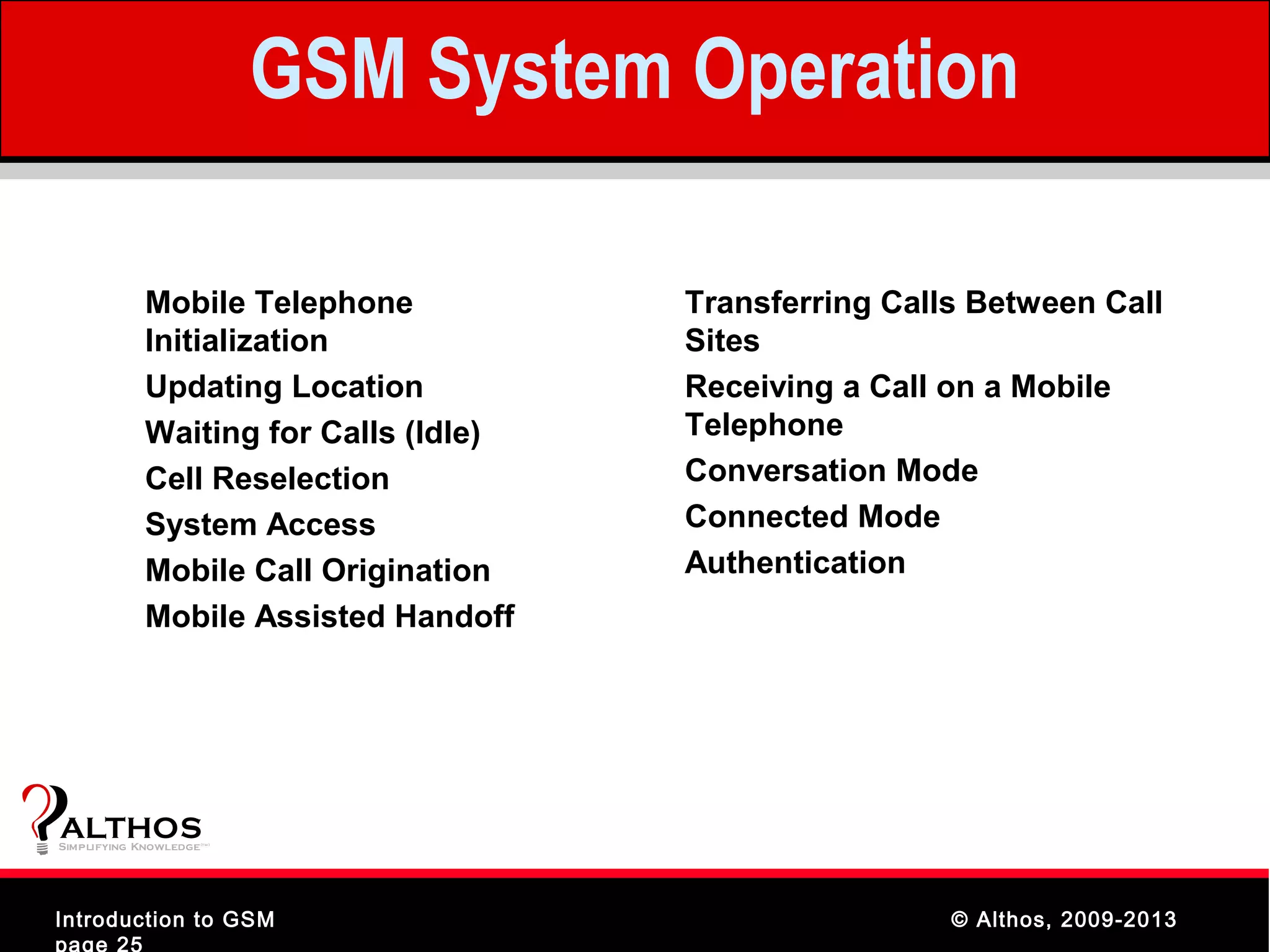 GSM System Operation

            Mobile Telephone               Transferring Calls Between Call
            Initialization                 Sites
            Updating Location              Receiving a Call on a Mobile
            Waiting for Calls (Idle)       Telephone
            Cell Reselection               Conversation Mode
            System Access                  Connected Mode
            Mobile Call Origination        Authentication
            Mobile Assisted Handoff




ALTHOS
Simplifying Knowledge   (tm )




Introduction to GSM                                         © Althos, 2009-2013
page 25
 