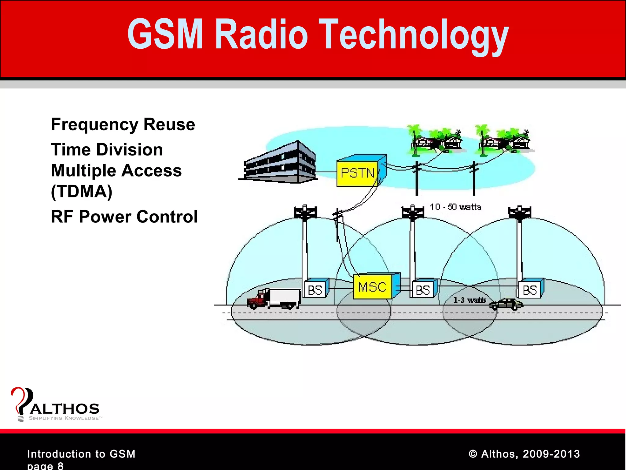 GSM Radio Technology
      Frequency Reuse
      Time Division
      Multiple Access
      (TDMA)
      RF Power Control




ALTHOS
Simplifying Knowledge   (tm )




Introduction to GSM                              © Althos, 2009-2013
page 8
 